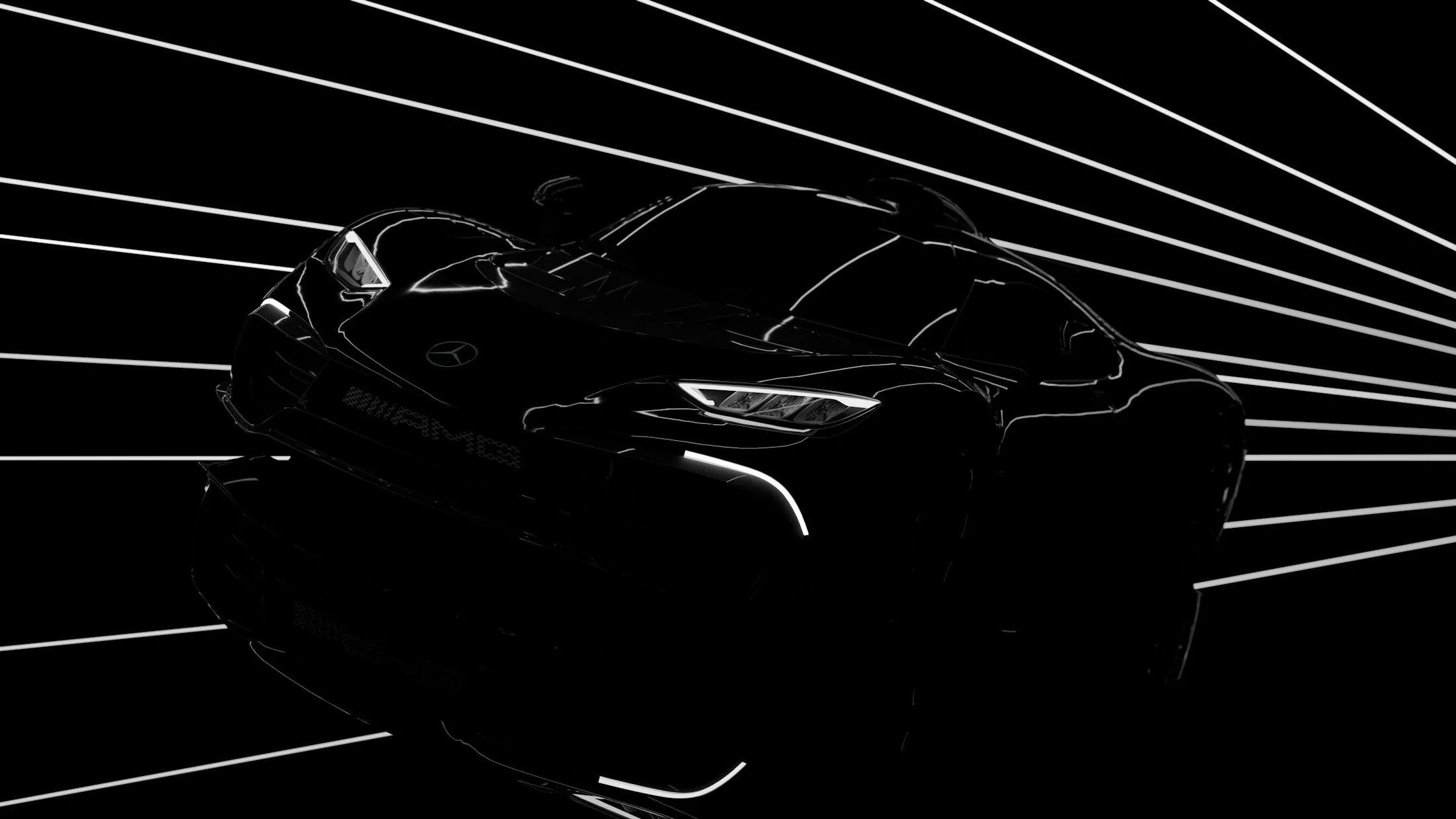 Black Mercedes sports car illuminated in a dark studio